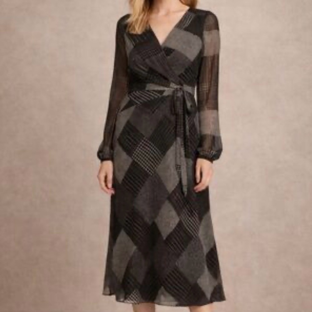 Lauren Ralph Lauren Plaid Wrap Midi Dress Size 12 Dark Academia Chic Patchwork - Picture 14 of 15